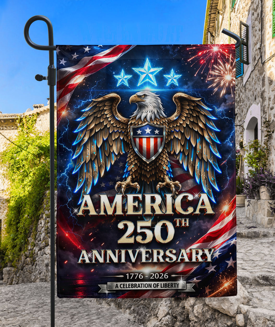 1776-2026 USA 250th Anniversary Garden Flag Bald Eagle Fireworks Double Sided