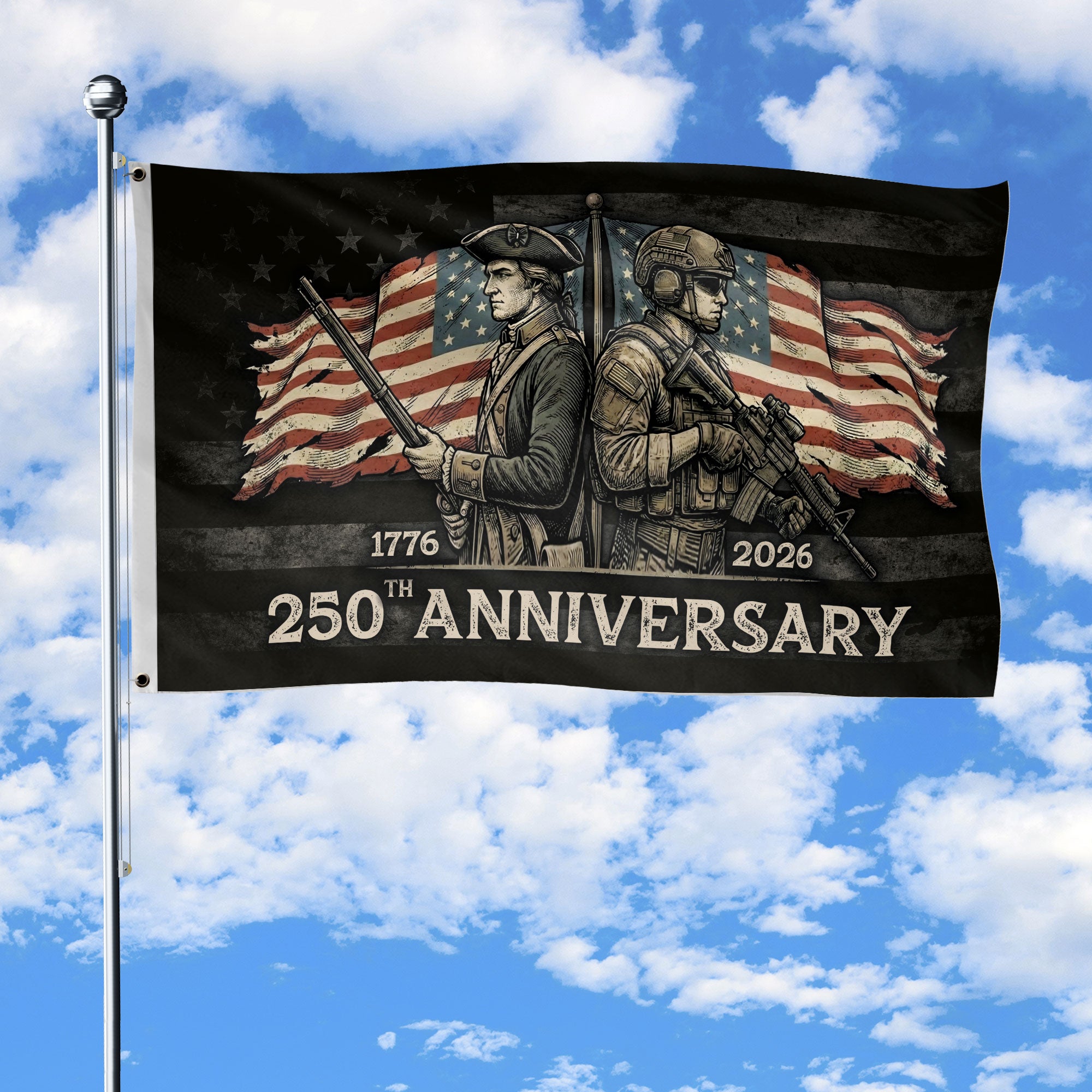250 Years America Anniversary Flag 1776-2026 Double Sided Revolutionary Modern Soldier Patriotic Banner