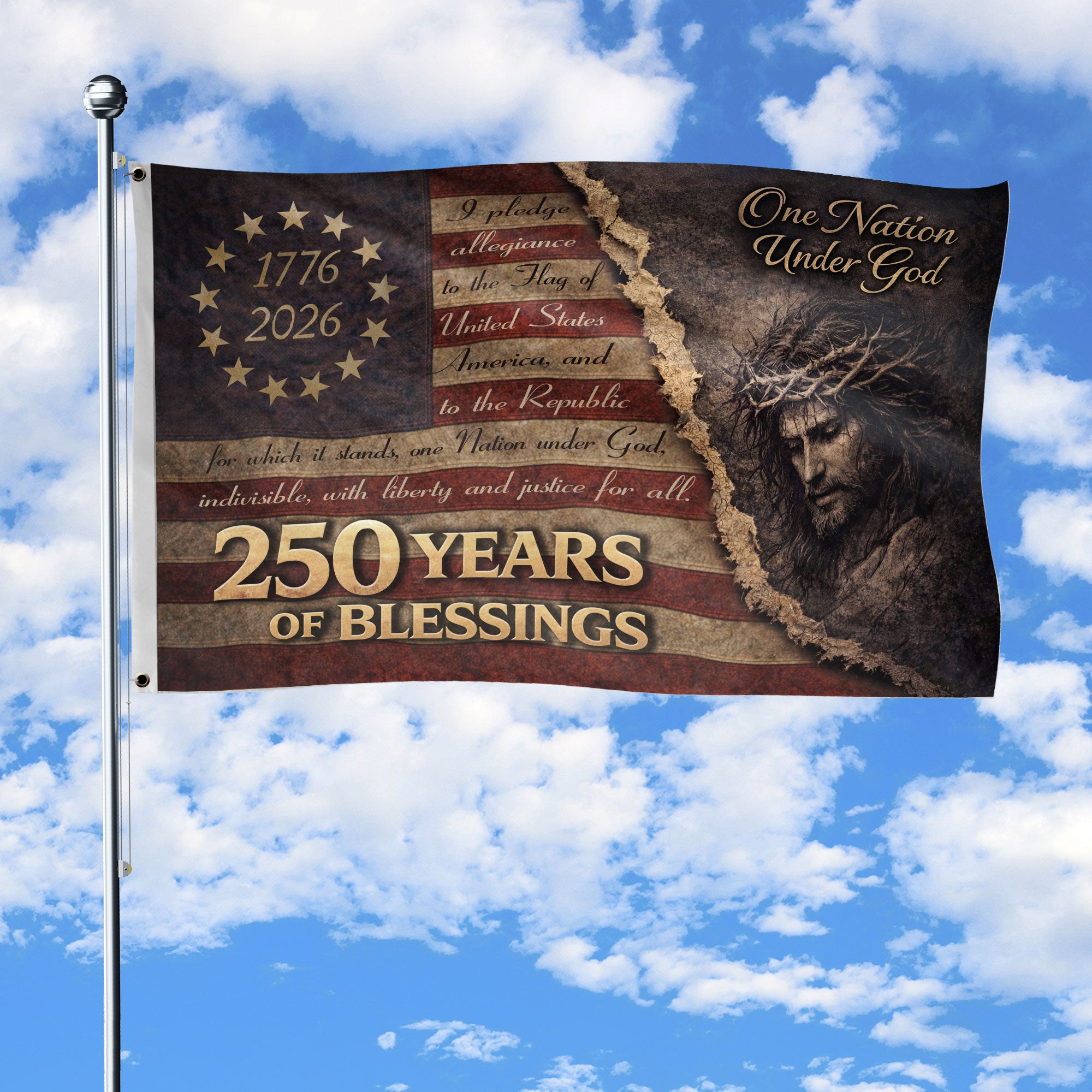 250 Years of Blessings American Flag - Christian Patriotic One Nation Under God Double Sided Design