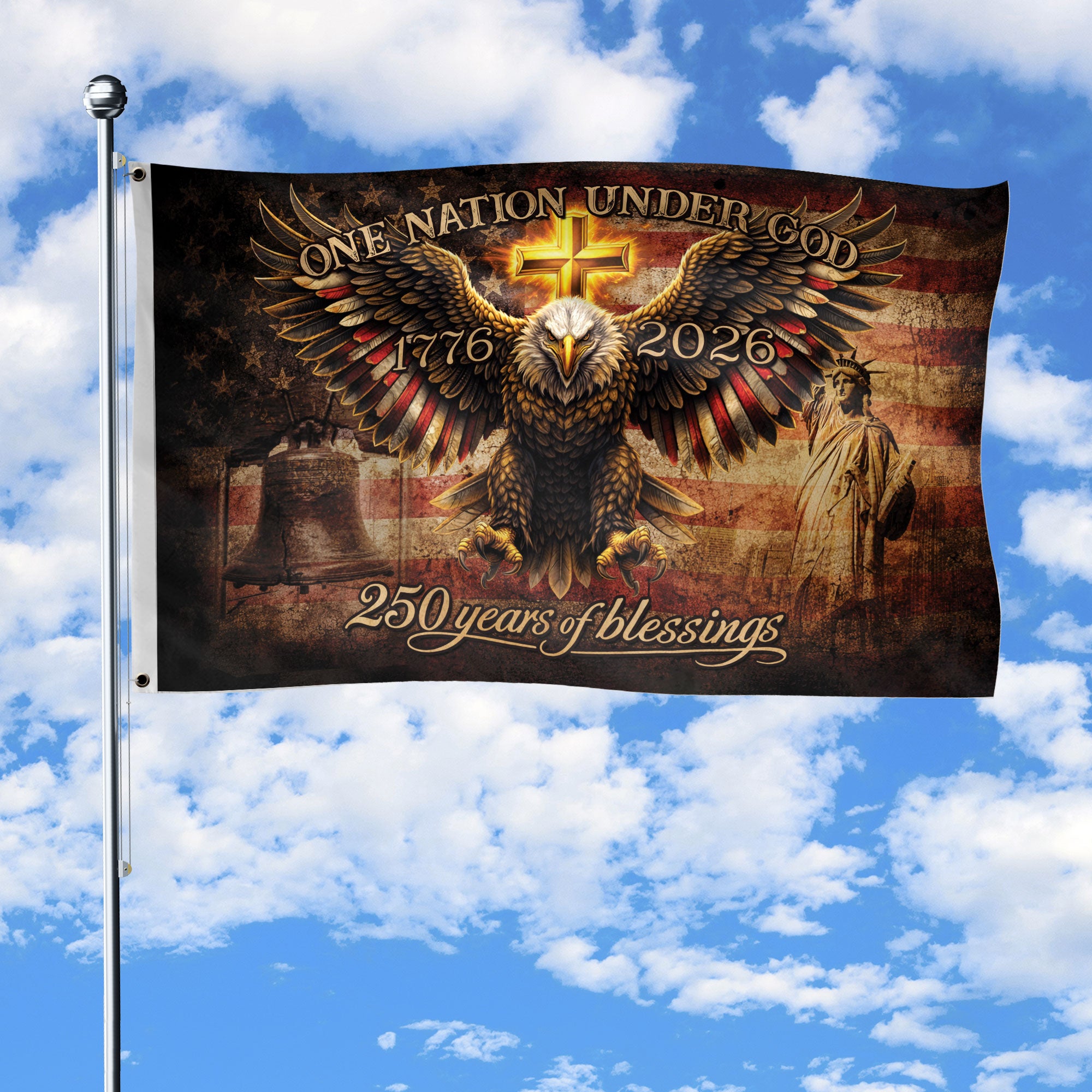 250 Years of Blessings USA Flag 1776-2026 Patriotic Eagle Liberty Bell Statue of Liberty Double Sided Outdoor Flag