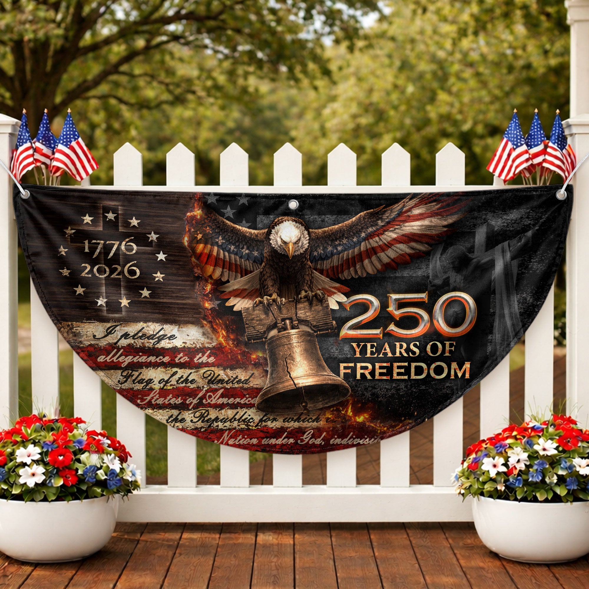 250 Years of Freedom Fence Flag 1776-2026 Christian Patriotic Cross Liberty Bell Double Sided USA Banner