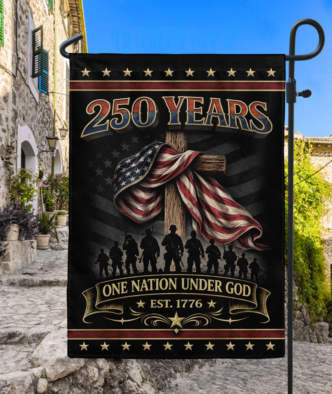 250th Anniversary USA Patriotic Garden Flag - One Nation Under God, We The People Cross Eagle Design