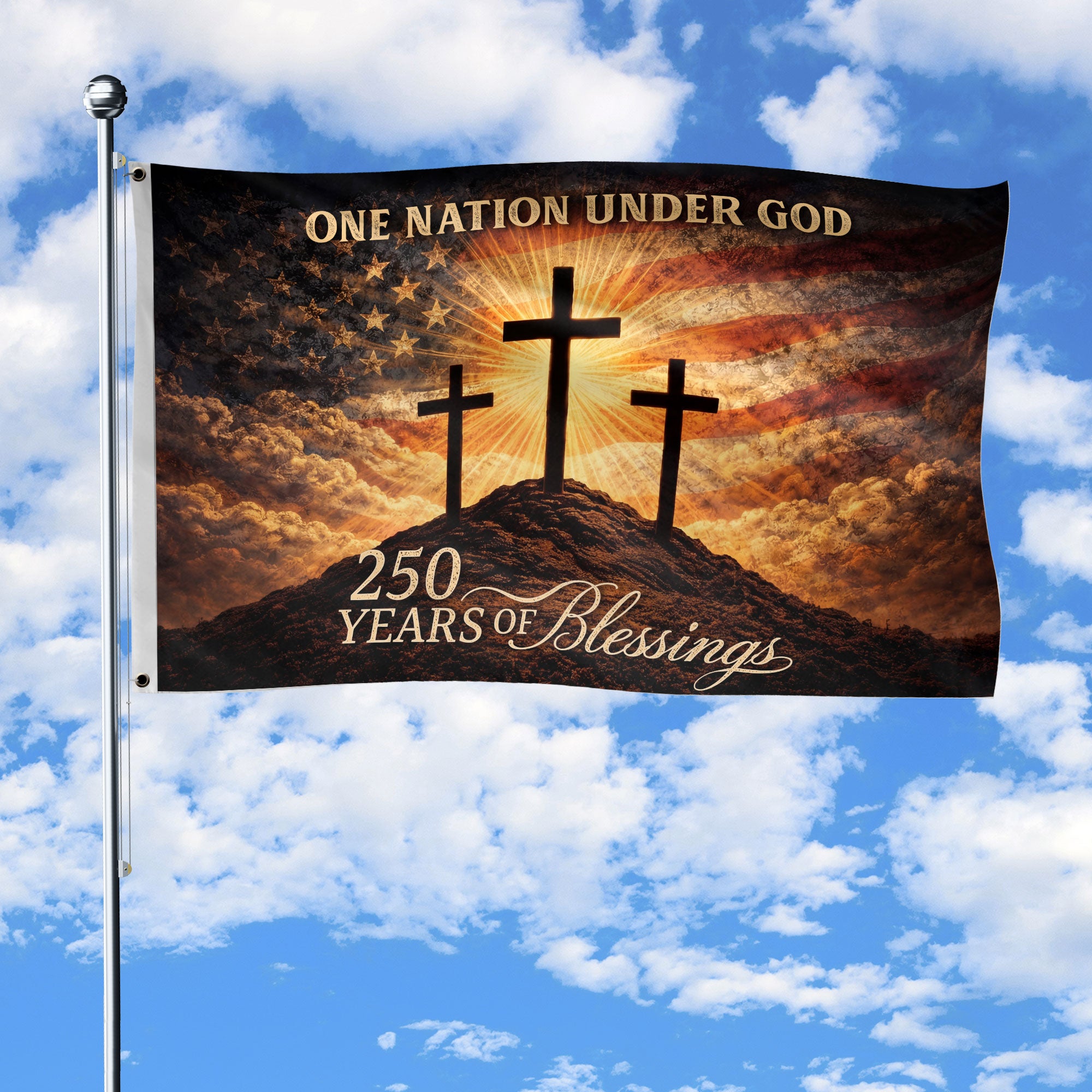 Blessing of Liberty Flag with Sacred Three Crosses & American Sky Banner - 250th Anniversary Polyester