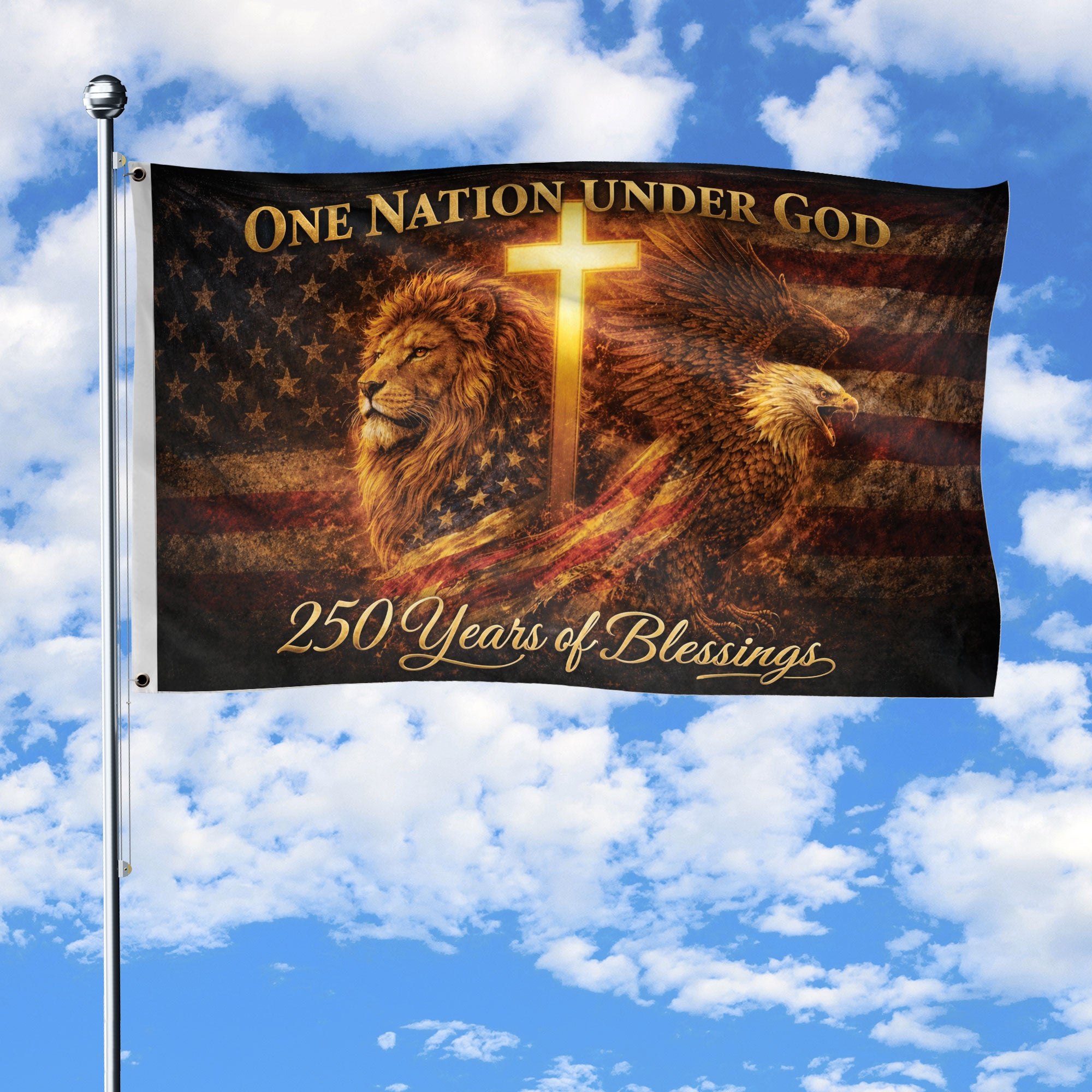 Christian Cross Lion Eagle House Flag 250th USA Anniversary One Nation Under God