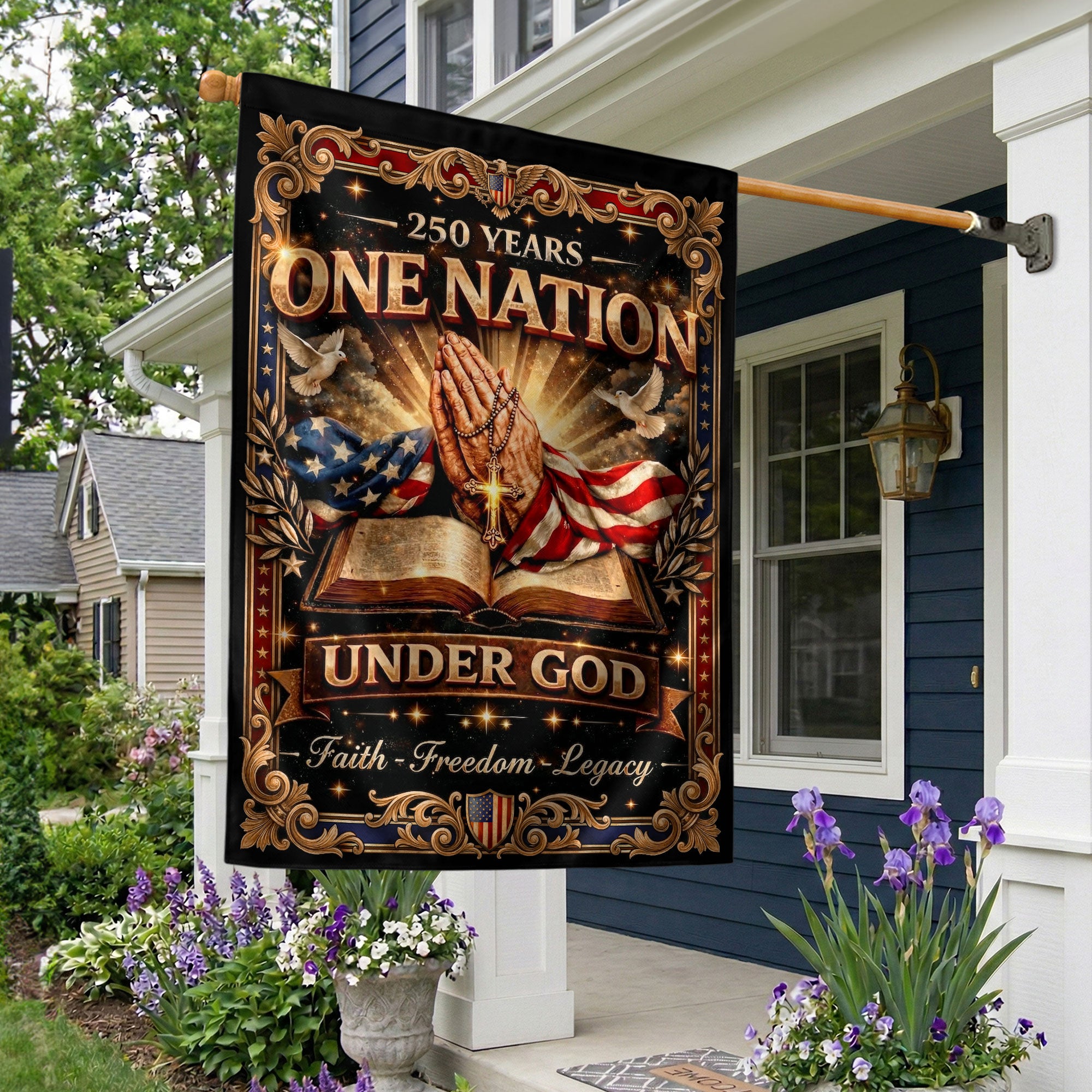 Christian One Nation Under God 250th Anniversary USA House Flag with Bible Prayer Patriotic Design