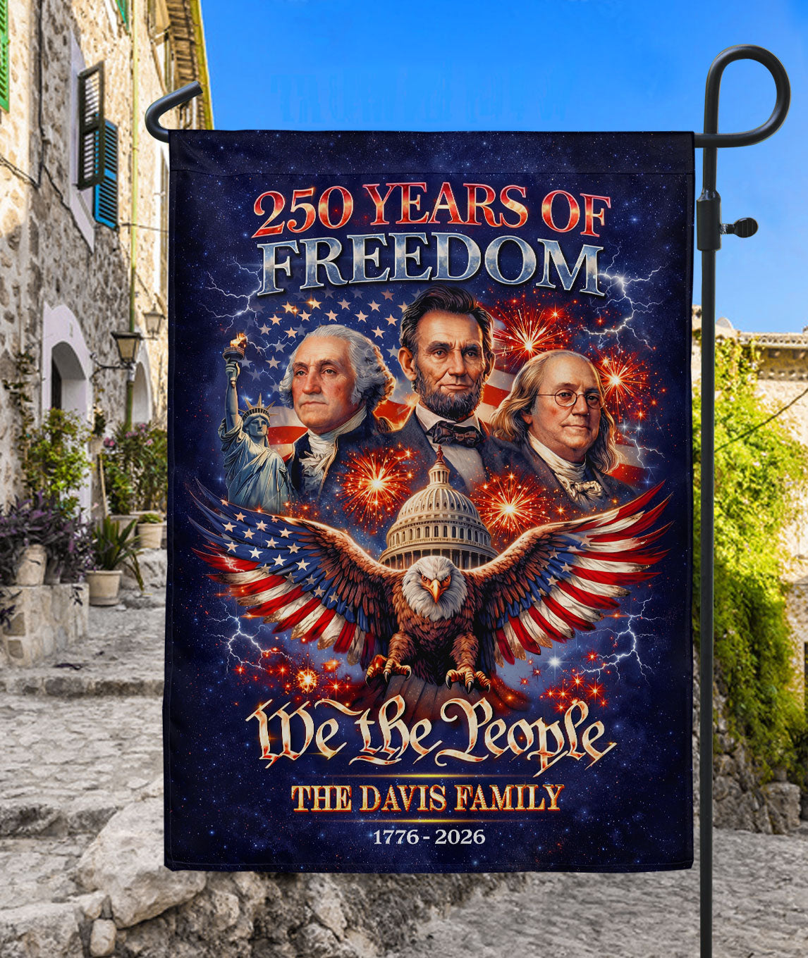 Custom Family Name 250th Anniversary Garden Flag Founding Fathers Eagle Capitol 1776-2026