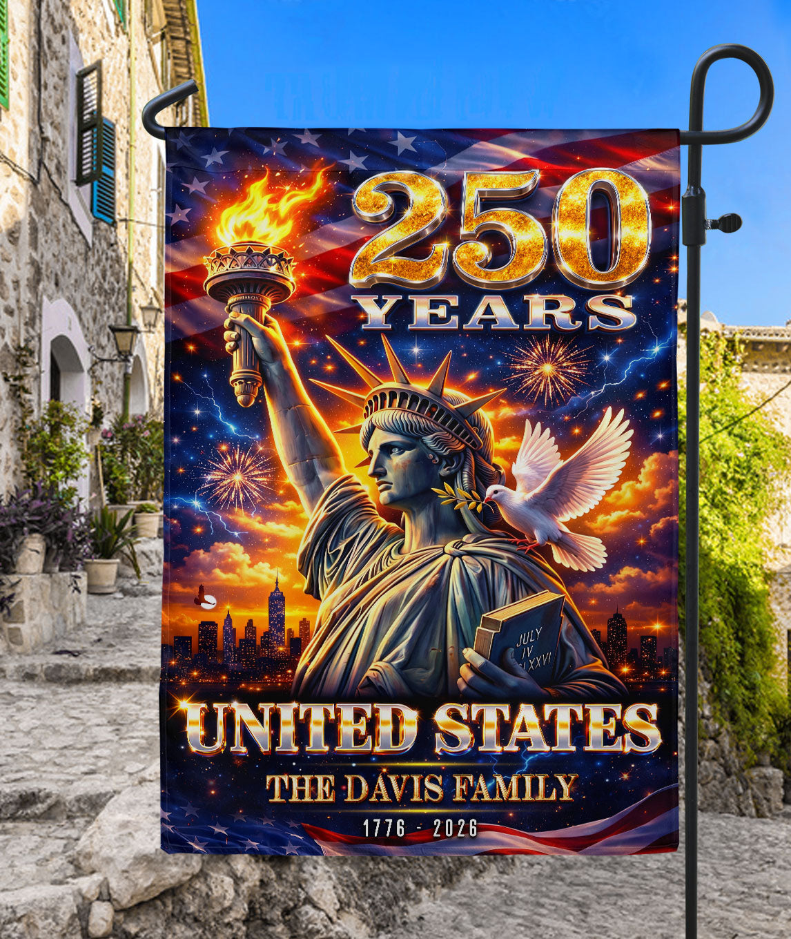 Custom Family Name 250th Anniversary Garden Flag Statue of Liberty USA 1776-2026