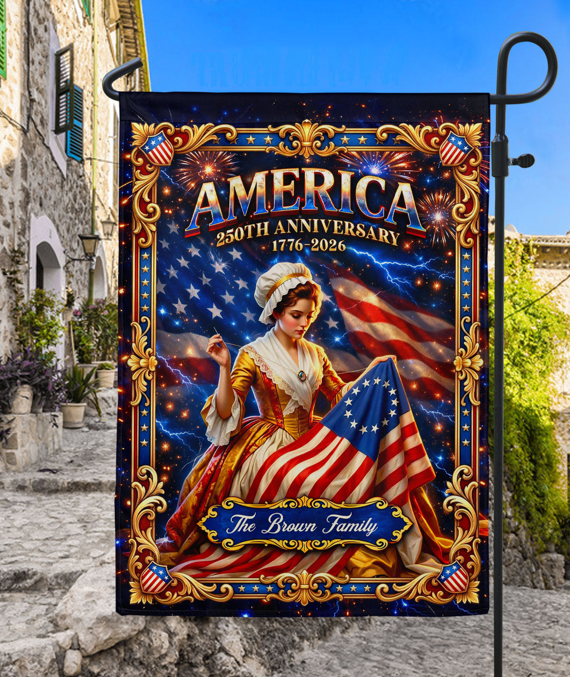 Custom Family Name Betsy Ross America 250th Anniversary Garden Flag 1776-2026 Patriotic Banner