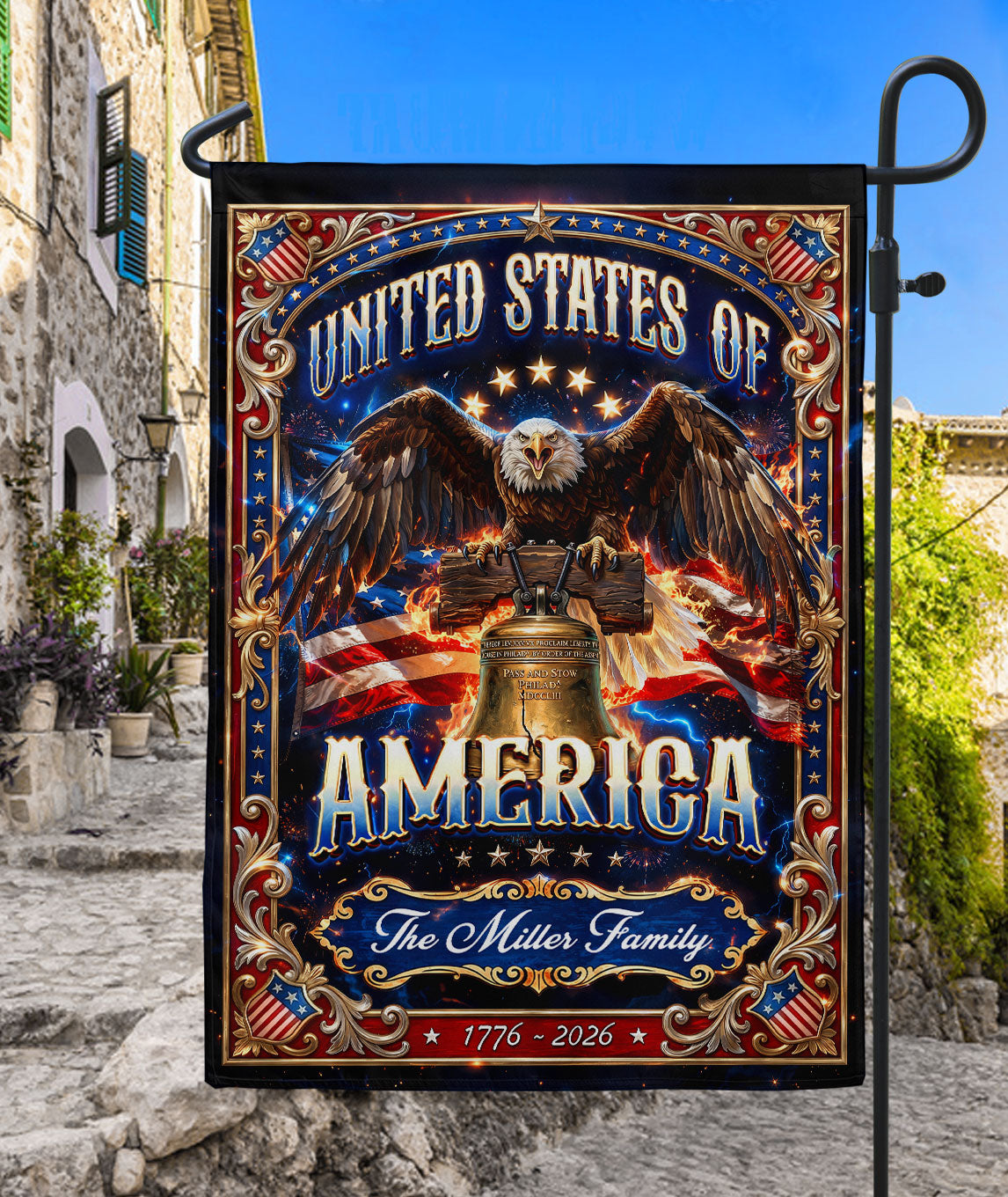 Custom Family Name Patriotic Eagle Liberty Bell USA 1776-2026 Garden Flag