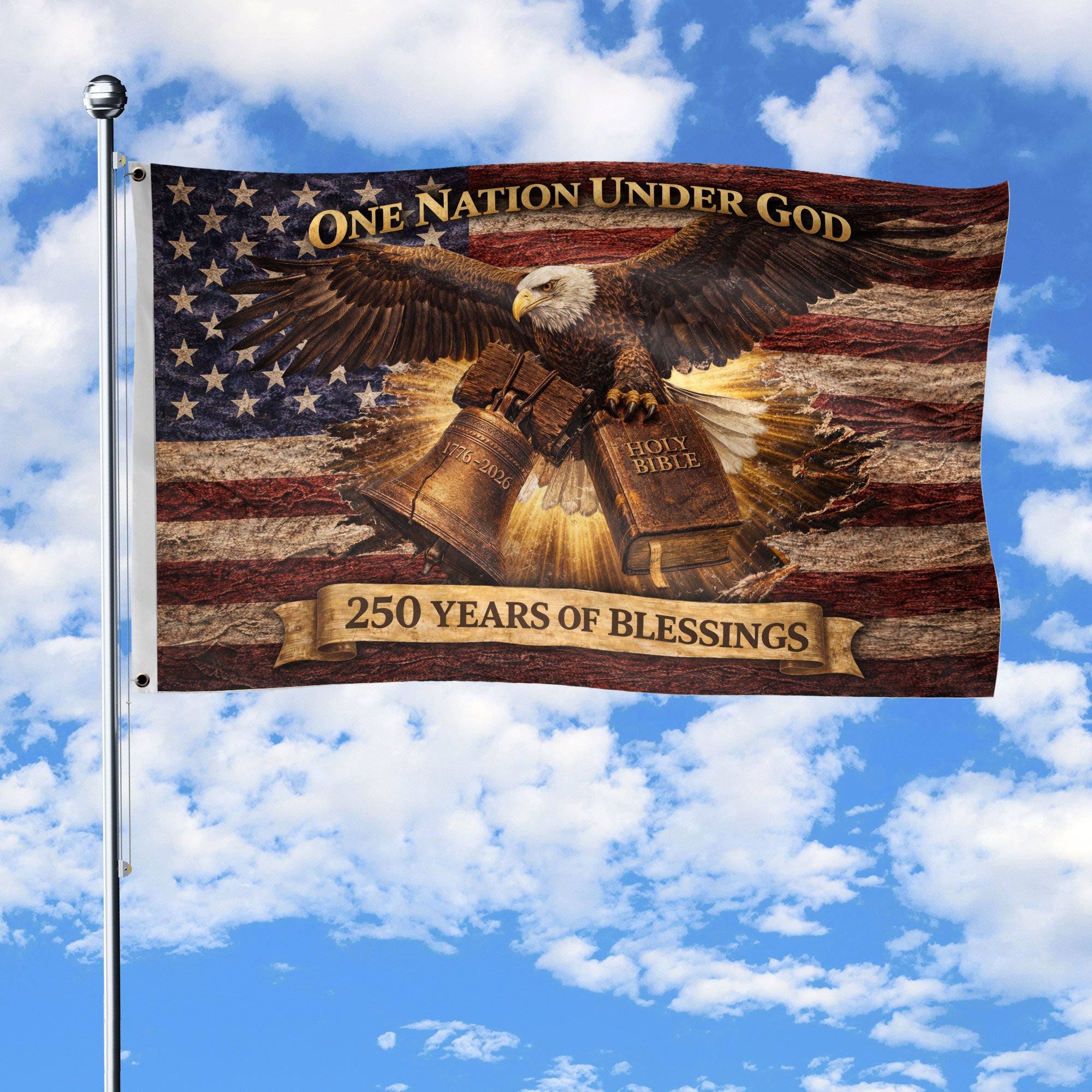 One Nation Under God 250 Years Flag 1776-2026 Bald Eagle Holy Bible Patriotic Banner