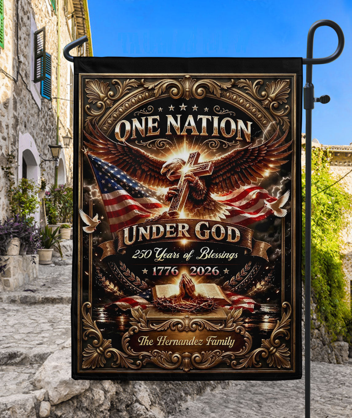 One Nation Under God 250th Anniversary Garden Flag Custom Family Name Eagle Cross Bible 1776-2026