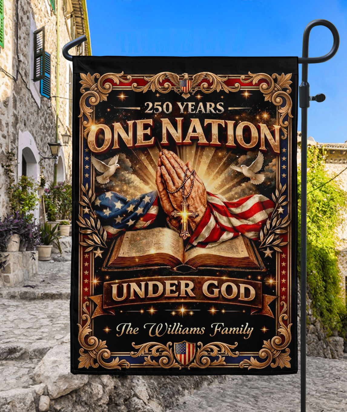 One Nation Under God 250th Anniversary Garden Flag Custom Family Name Praying Hands Bible Cross 1776-2026