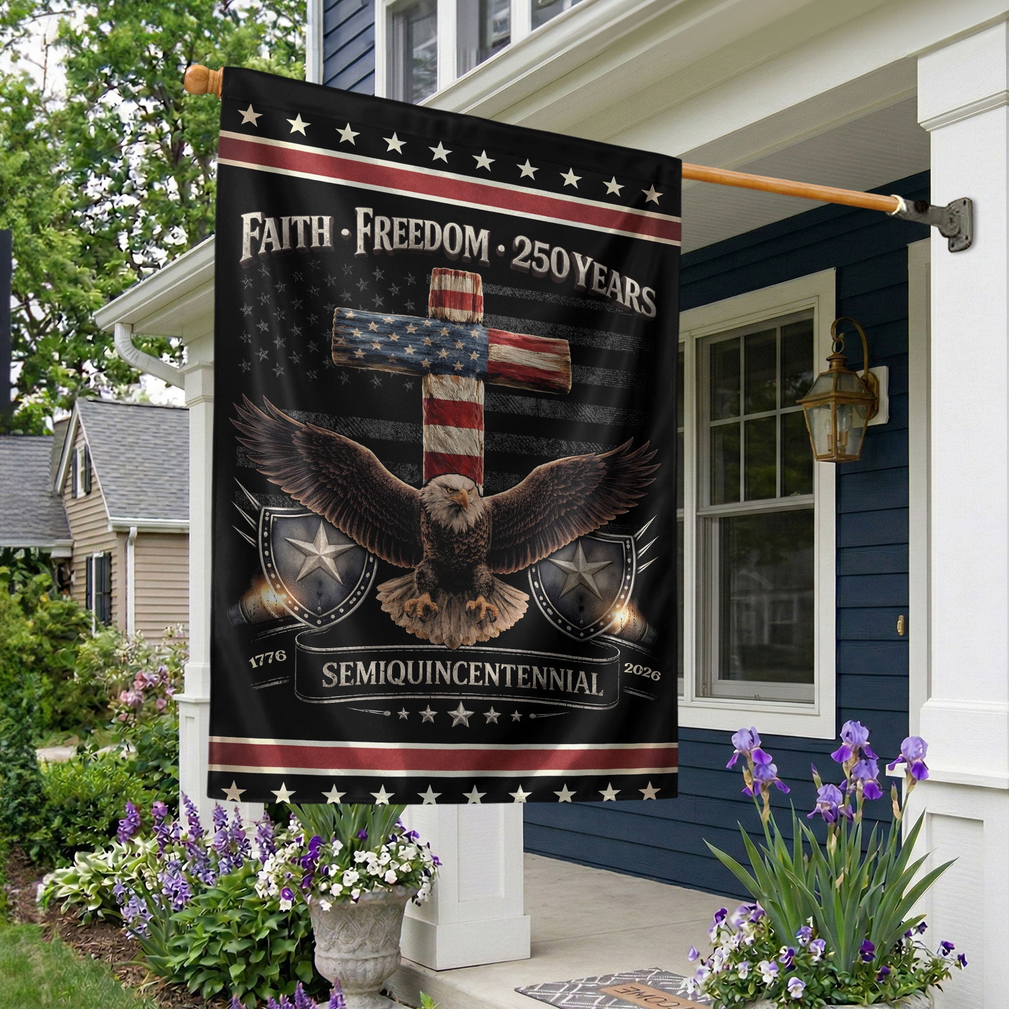 Patriotic 250th Anniversary USA House Flag - One Nation Under God Cross Eagle Design