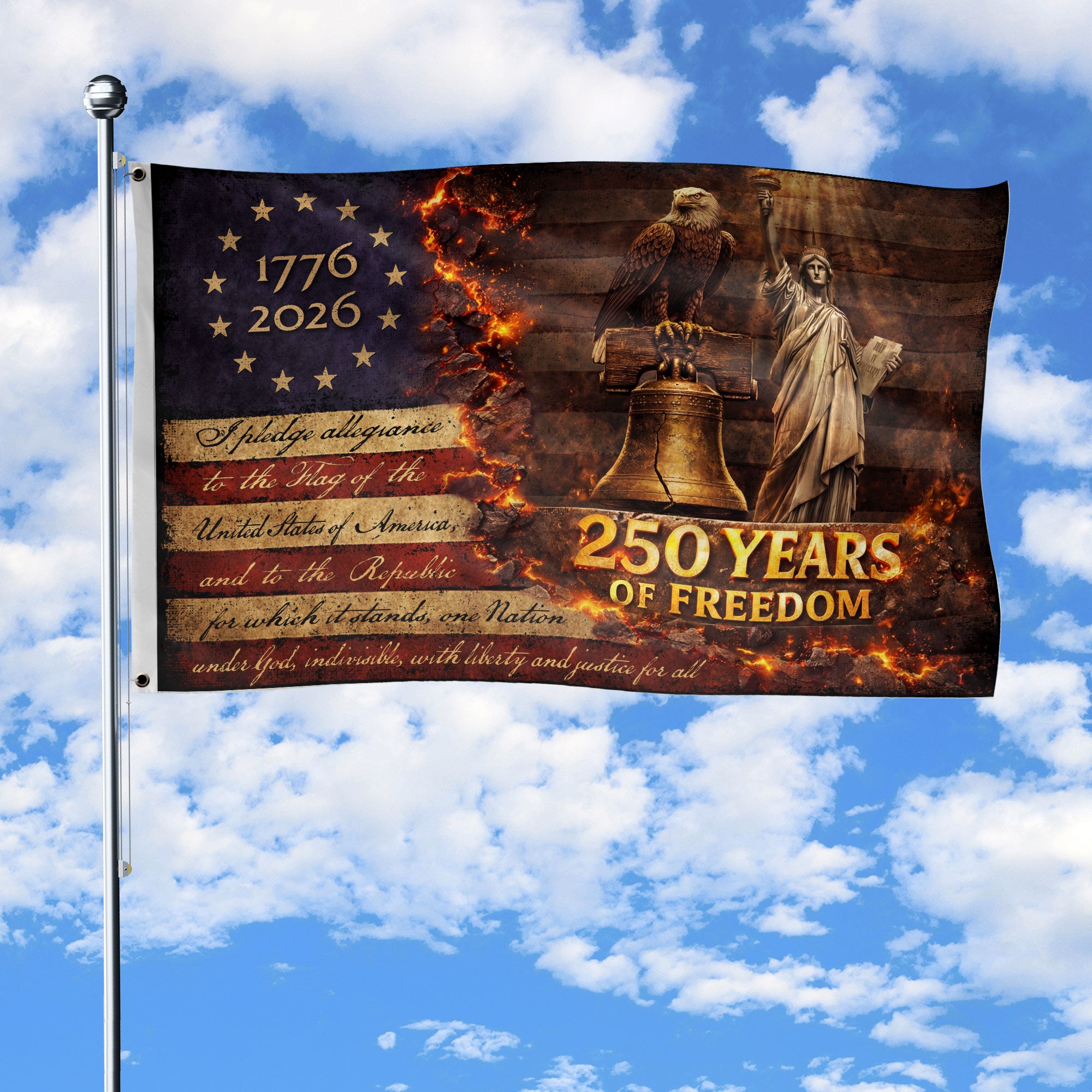 Patriotic House Flag 250 Years of Freedom Eagle Liberty Bell Statue Outdoor Decor