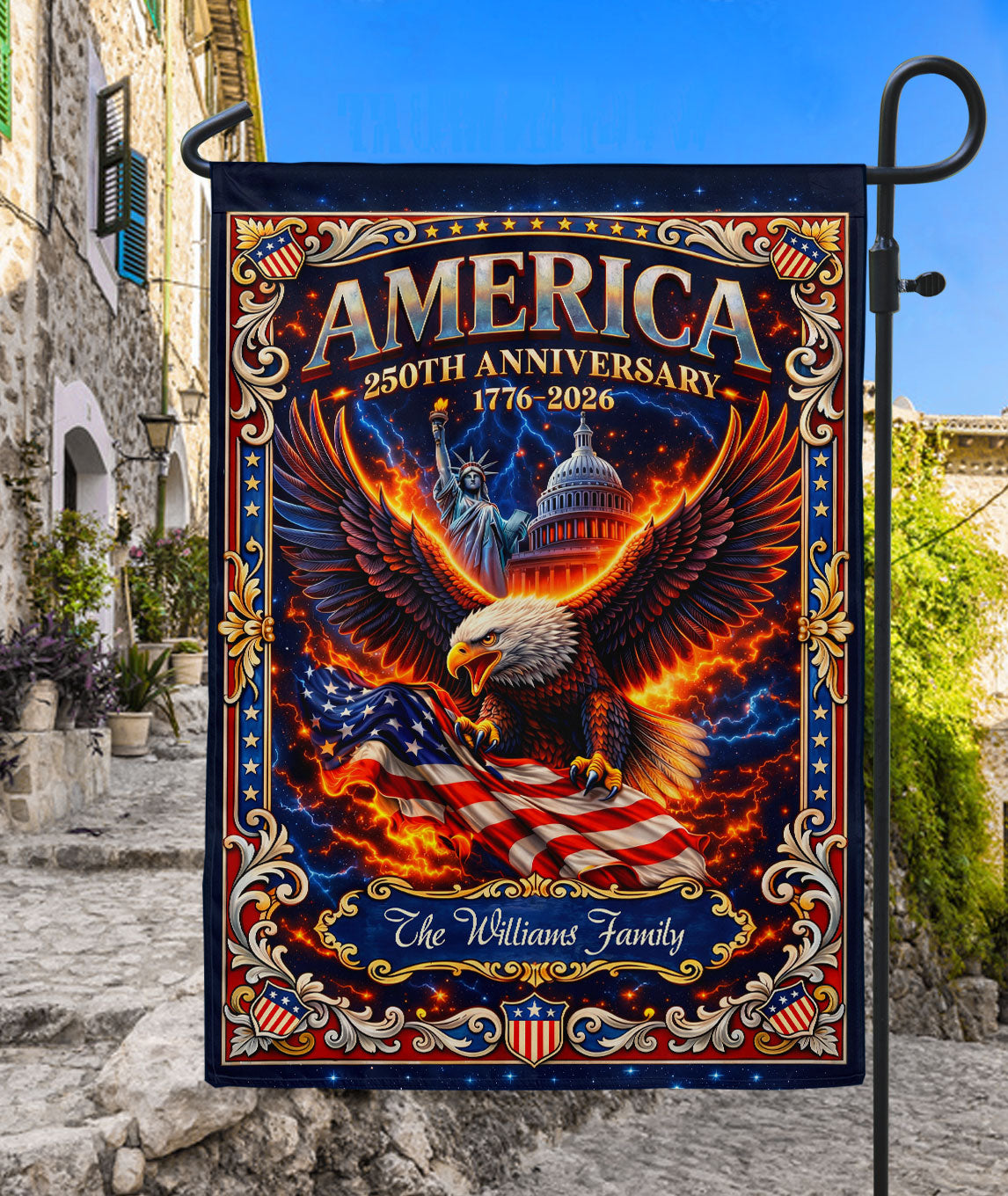 Personalized 250 Years USA Garden Flag with Family Name Eagle Statue of Liberty Capitol 1776-2026