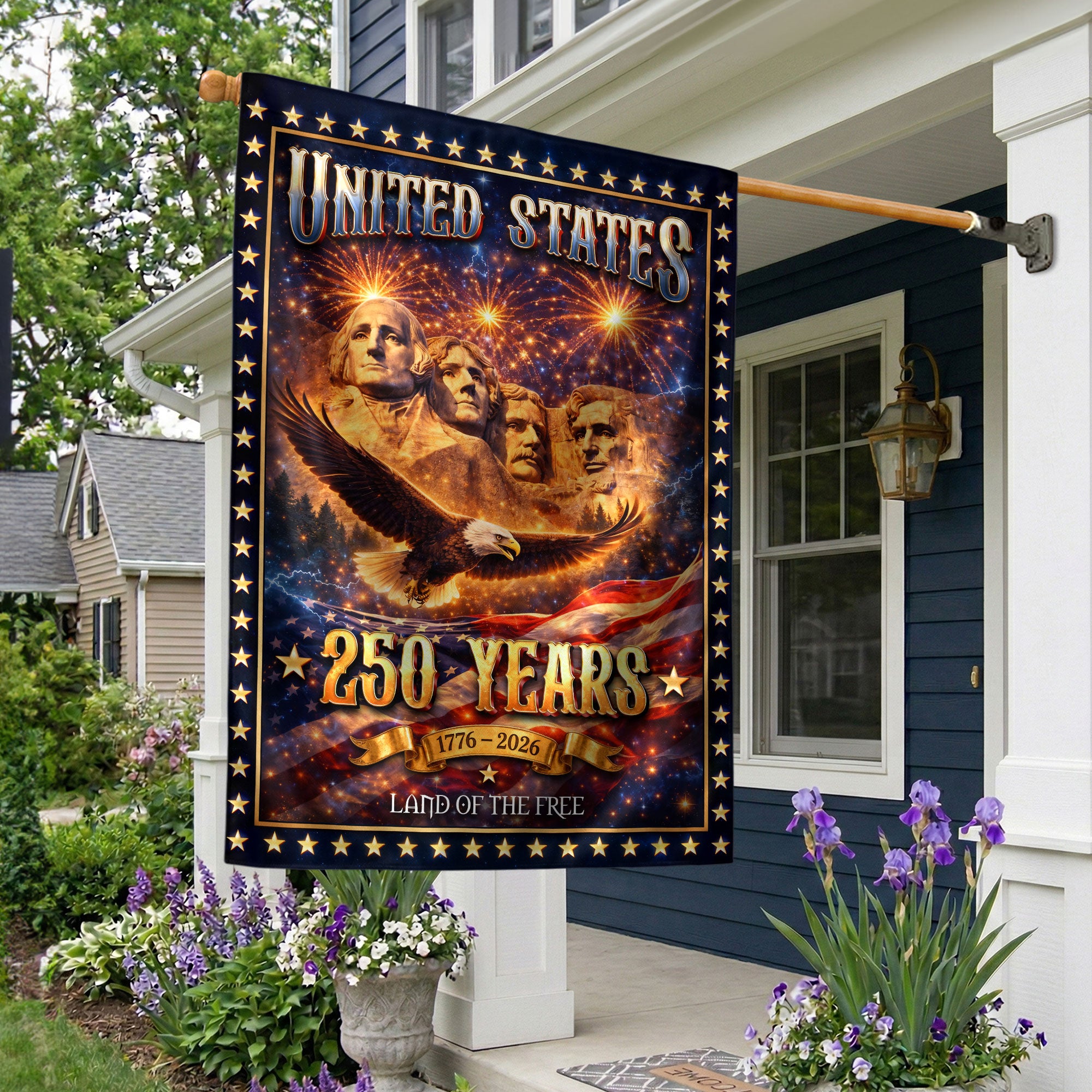 United States 250 Years House Flag Mount Rushmore Eagle 1776-2026 Patriotic Banner