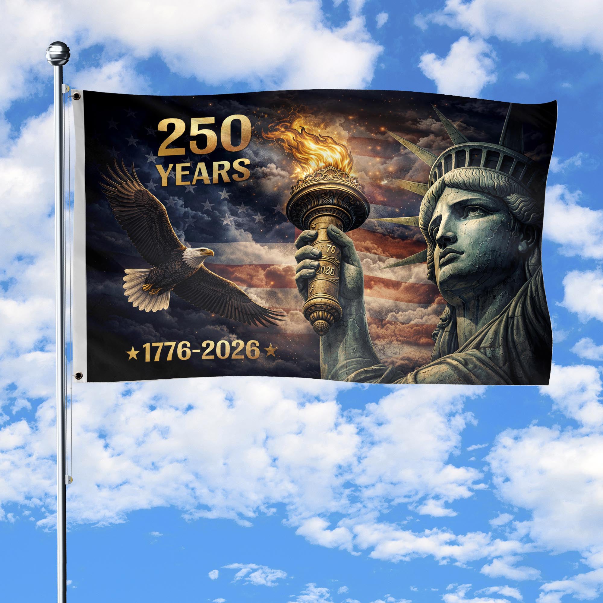 USA 250 Years Flag 1776-2026 Statue of Liberty Torch Eagle Patriotic Anniversary