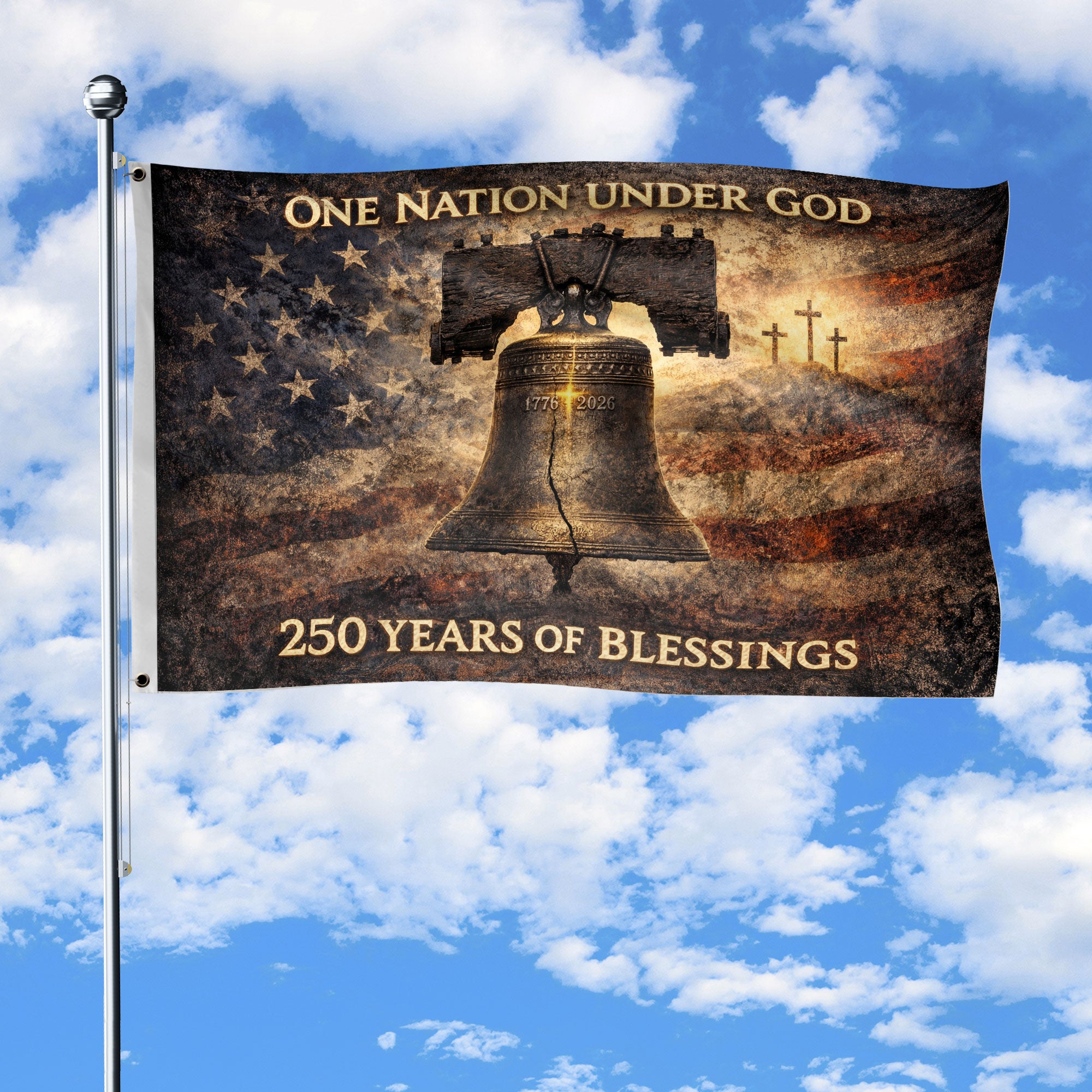 USA 250th Anniversary Flag 1776-2026 Liberty Bell Cross One Nation Under God Double-Sided Banner