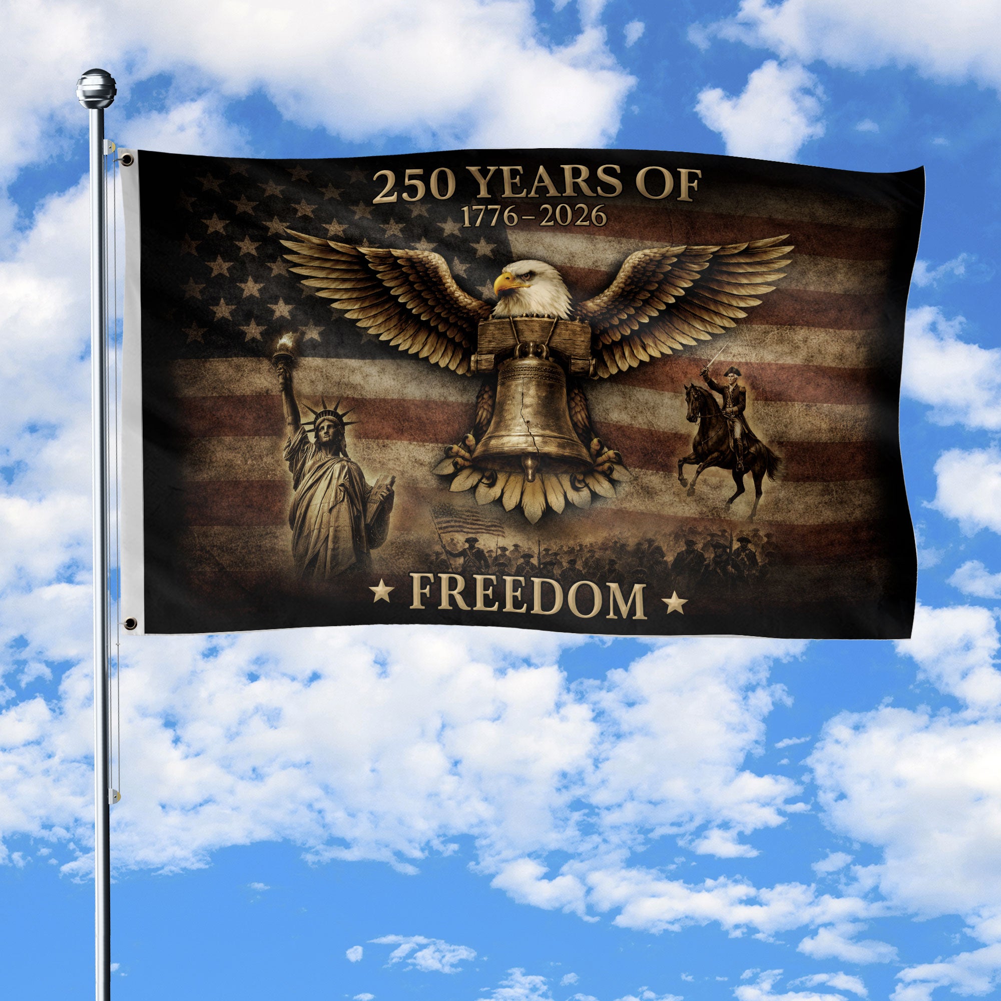 USA 250th Anniversary Flag with American Eagle Liberty Bell 1776-2026 Patriotic
