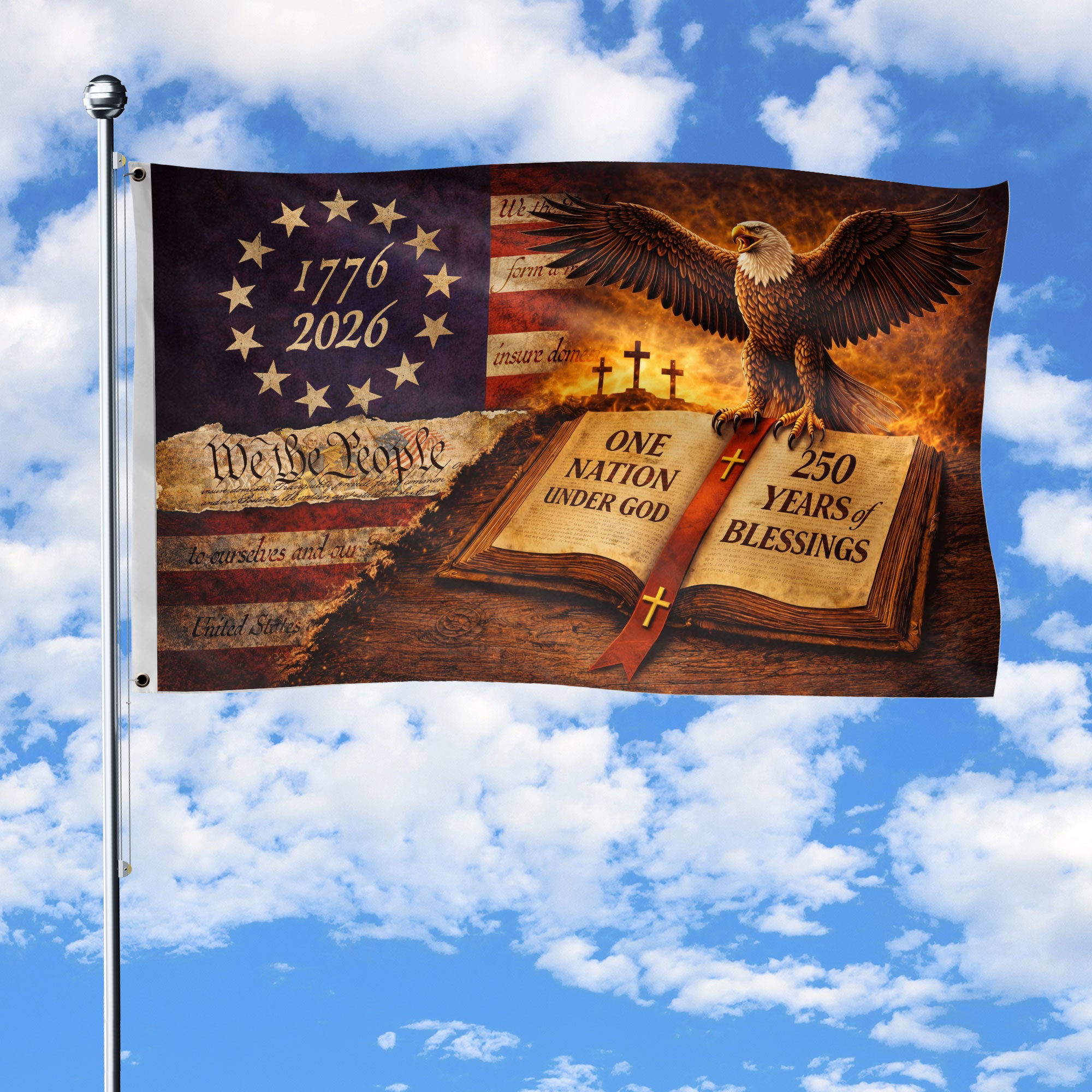 We The People 250th Anniversary USA House Flag with Eagle Bible Cross 1776-2026